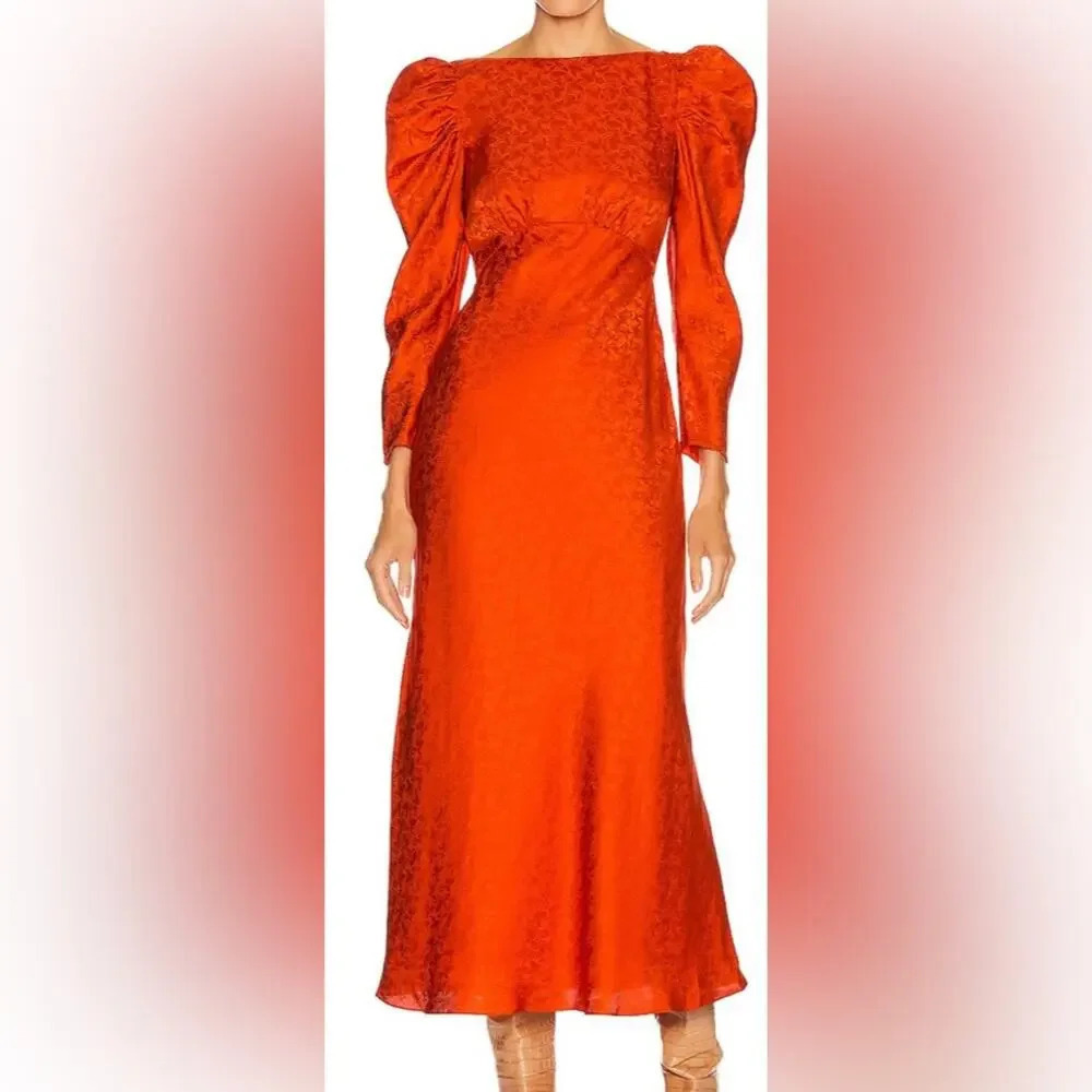 Saloni Alena Ruched Sleeve Silk Floral Jacquard Midi Dress Bitter Orange Size 6